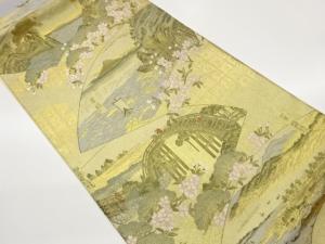 山並に鶴・桜・鳥居模様織出し全通袋帯